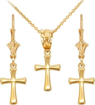 14k Yellow Gold Mini Cross Pendant Necklace & Earrings Set - Religious Jewelry Item