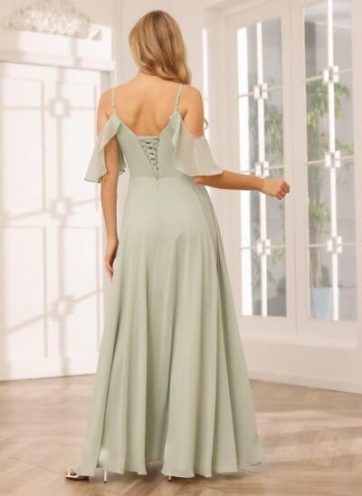 Off Shoulder Bridesmaid Dress Long Chiffon A-Line Formal Gown with Slit & Pockets - Dessiny DE01 - Image 2
