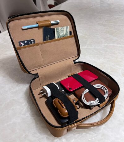Handmade Leather Tech Organizer - Cognac Gadget Case | Cord & Accessory Travel Pouch - Image 4