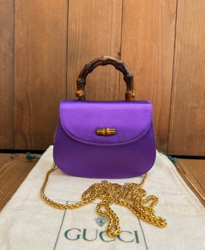 Vintage GUCCI Micro Satin Bamboo Chain Bag Purple Mini Evening Clutch Authentic