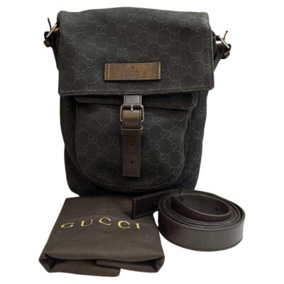 Vintage GUCCI Monogram Denim Messenger Bag Brown Authentic Designer Crossbody